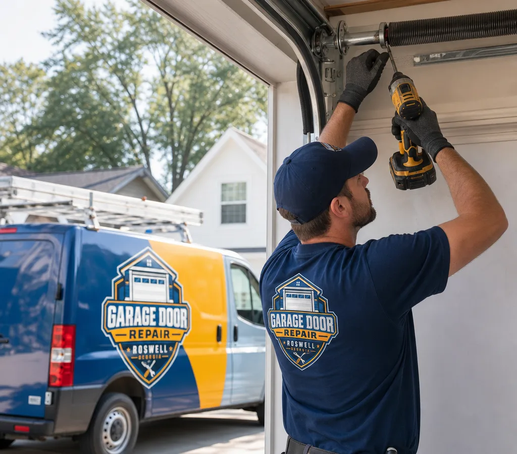 Technician repairing the spring and track area of a residential garage door in a Roswell driveway