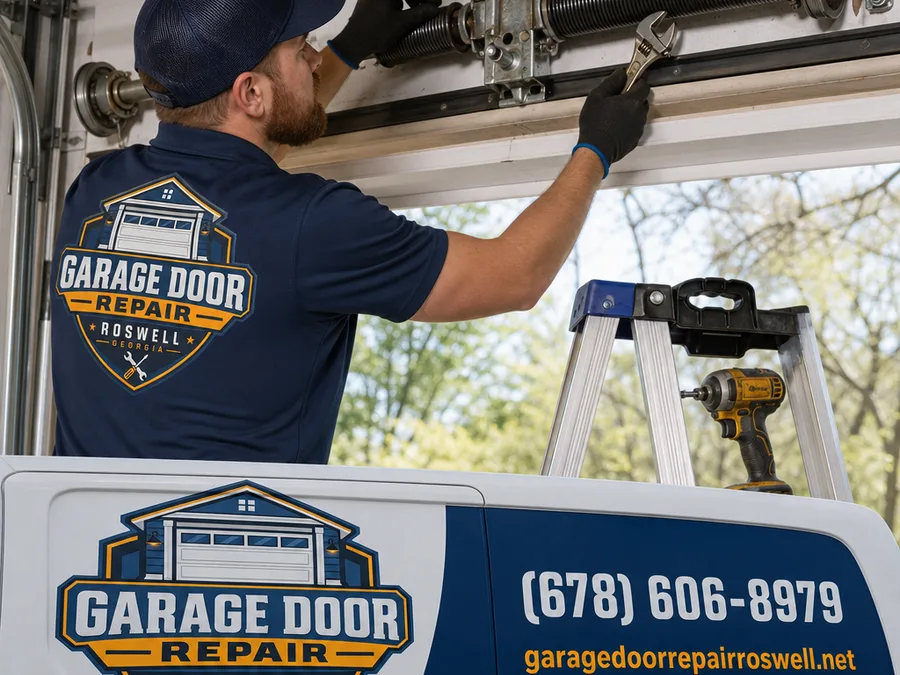 Technician inspecting garage door torsion springs, cable drums, and the center bearing plate