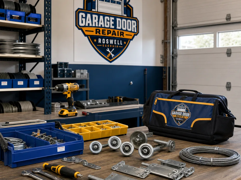 Organized garage door rollers, hinges, cables, and repair hardware being prepared by a technician